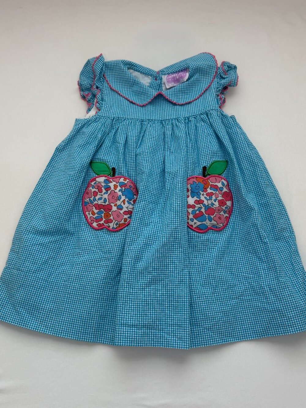 Vintage Poppy Kids Co Girls 2T Blue Gingham Apple Applique Dress Cottagecore